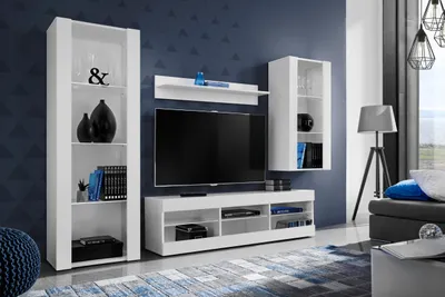 A modern living room with a TV unit, shelves, and a sofa.