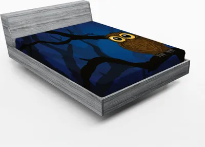 Produktbild von ABAKUHAUS Nacht Spannbetttuch, Nette Eule, die auf einer Baum-Niederlassung Mysterious Woods Spooky Forest Cartoon sitzt, 90 x 200 cm, Marineblau Schwarz Braun