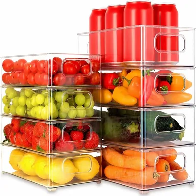 Imagen del producto de Organizador de nevera apilable - Juego de 8 - Transparente - Con asas - Apto para lavavajillas