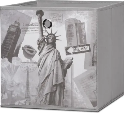 A storage cube with a collage of famous city landmarks printed on it.