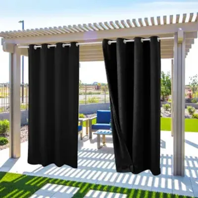 Produktbild von Topchances 2er Set Outdoor Vorhänge Wasserdicht Winddicht mit Ösen (Oben und unten), Verdunkelung Sichtschutz Für Veranda, Pavillon,Terrasse, Geprägtes Muster,132X238cm,Schwarz