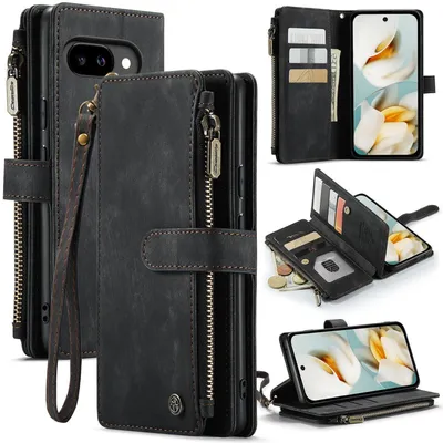 Produktbild von Für Google Pixel 9a CaseMe Kunstleder Multifunktion Zipper Wallet Tasche Schwarz
