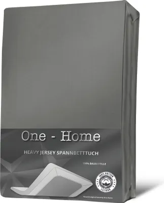 A folded grey jersey fitted sheet is presented on a white background with product information and branding.