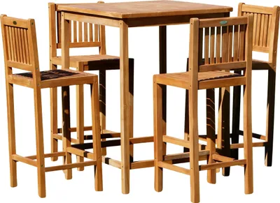 Produktbild von ALEOS. XL BAR-SET - TEAK Bartisch Bistrotisch Stehtisch 80x80cm mit 4x Barhocker Holz  Modell: JAV-BIMA-SET80+4