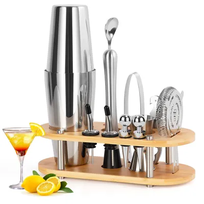 Cocktailset 12-tlg., Boston Shaker 750 ml, Edelstahl, Bambushalter