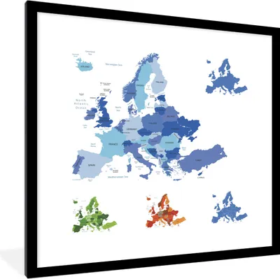 Produktbild von MuchoWow® MuchoWow® Gerahmtes Poster Karte - Europa - Blau 40x40 cm - Poster mit zchwarzem Bilderrahmen - Poster - Plakat im Rahmen