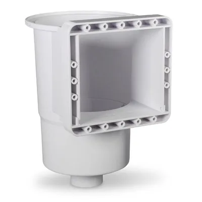 A white plastic pool skimmer housing is shown against a white background.