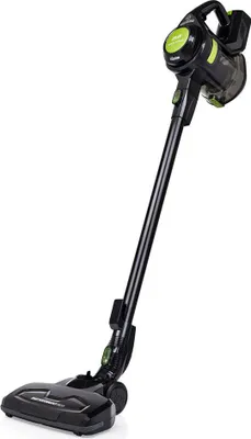 A black and green cordless vacuum cleaner is shown against a white background.