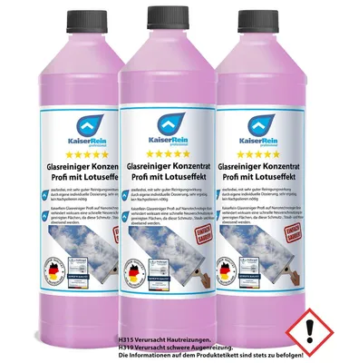 Produktbild von KaiserRein Glasreiniger Konzentrat mit Lotuseffekt 3 x 1L unser Profi Fenster-Reiniger I Fenstersauger geeignet I streifenfrei für Glas Fenster und Spiegel