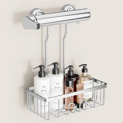 Obrázek produktu pro Omgoods – Sprchový závěs bez vrtání – Závěsný sprchový kout – Držák na šampon – Police do koupelny – Nerezová ocel – 30 x 13 x 37,5 cm
