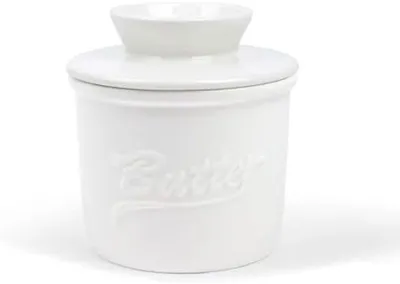 Productafbeelding van PromoHome® Porseleinen botervlaai met luchtdichte deksel – Keukenaccessoire voor het n van boter, 7x10x10 cm, wit
