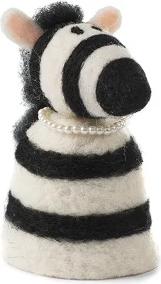 A felted zebra figurine wearing a pearl necklace.