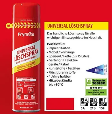 A can of Prymos Universal Löschspray is shown next to a marketing description of its features and uses.