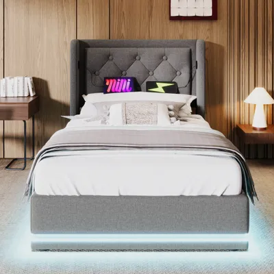 Produktbild von Polsterbett 90x200 cm (Ohne Matratze) Einzelbett Grau Baumwolle Hydraulisches Stauraumbett Gepolstertes Kopfteil USB Typ-C Ladefunktion 3-seitige LED