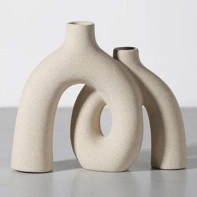 Zdjęcie produktu dla Wazon ceramiczny Unyqoos® o wysokości 21,5 cm – kolor beżowy, w stylu skandynawsko-boho, idealny do salonu i parapetu, do dekorowania świeżymi i suszonymi kwiatami