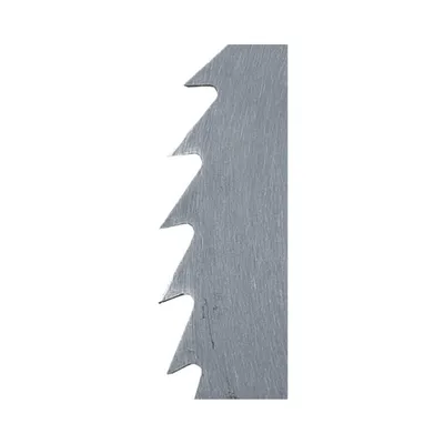 A close-up view of a metal saw blade with sharp teeth.