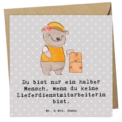 Produktbild von Mr. & Mrs. Panda Glückwunschkarte Lieferdienstmitarbeiterin Herz - Grau Pastell - Geschenk, Pizzabäckerin, Klappkarte, Lustig, Pizzabotin, Witzig, Grußkarte, anlasskarte