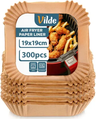 Zdjęcie produktu dla Vilde | Wkład do frytownicy powietrznej - Brązowy - 19x19 cm - Kwadratowy - 300 sztuk - Jednorazowy papier do pieczenia - Papier do pieczenia do frytownicy powietrznej
