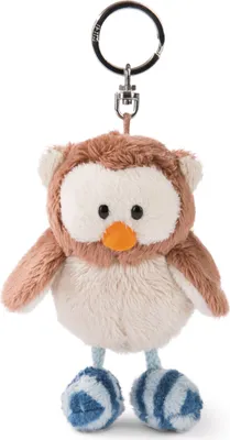 A plush owl keychain is shown against a white background.