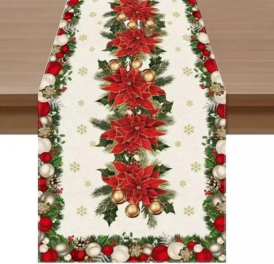 Image de Nappe de Noël avec des fleurs rouges et des bougies, dimensions : 183 x 33 cm