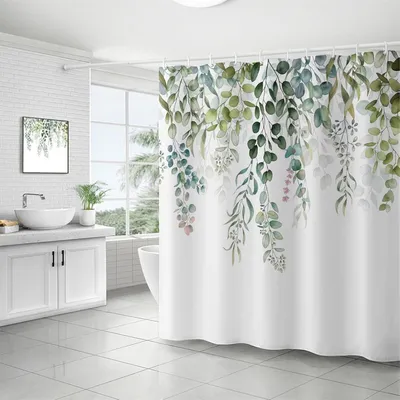 Obrázek produktu pro Závěs do sprchy, polyester, vzor listů, šedozelený, 180x180 cm, s 12 kroužky