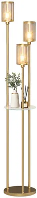 Produktbild von HOMCOM Stehlampe Wohnzimmer mit Regal, Glasschirmen, für Wohnzimmer, Gold