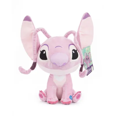 A pink plush toy of the character Angel from Lilo & Stitch sits facing the camera against a white background.