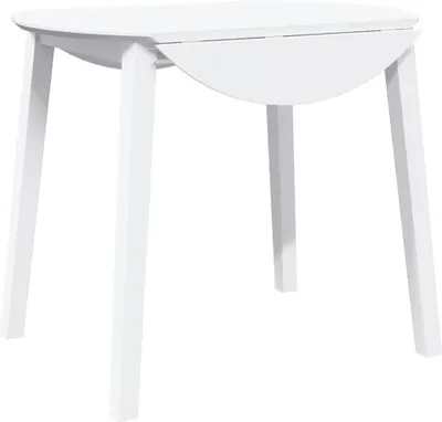 A white dining table with drop-leaf extensions.