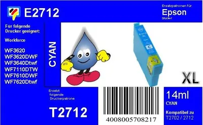 Produktbild von E2712 - TiDis Ersatzdruckerpatrone Cyan XL mit 14ml Inhalt ersetzt T271240