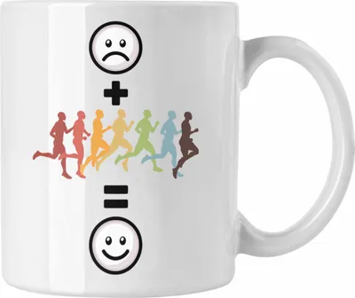 Produktbild von Trendation - Joggen Tasse Geschenk für Jogger, Marathon-Läufer Geburtstag Lustige Geschenkidee :( + Laufen Joggen = :) (Weiß)