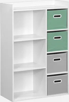 A white shelving unit with green and gray storage boxes.