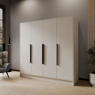 Image de Armoire à portes battantes PAVIA 200 cm Armoire moderne avec portes lisses, cachemire avec poignées noires