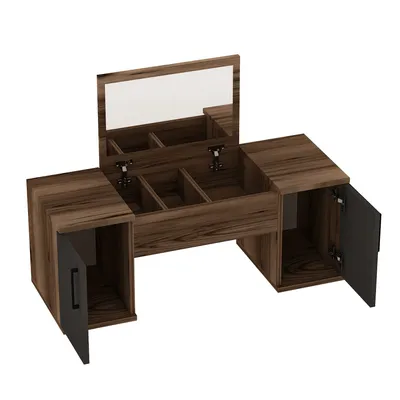 A vanity table with a mirror and storage compartments, shown from a slightly elevated angle against a white background.