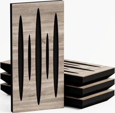 Zdjęcie produktu dla 4-pak - Wąski panel akustyczny pochłaniający dźwięk | 50 x 25 cm | Model-Grubość-Kolor: (PULSAR - 33 mm | Sonoma]