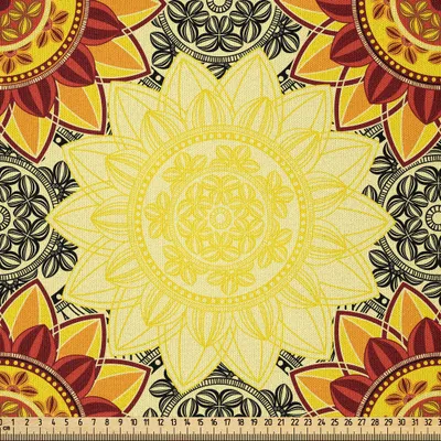 Produktbild von ABAKUHAUS Mandala Microfaser Stoff als Meterware , Vibrierende gelbe Mandala mit asiatischen Blumenrahmen Arabesque Petals Boho, 10 M (230 x 1000 cm), Gelb Schwarz Rubin
