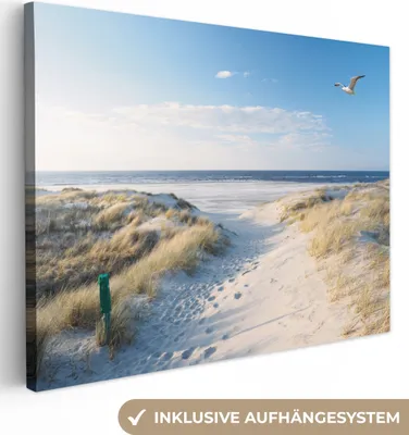 Produktbild von MuchoWow® - Leinwandbilder - Düne - Möwe - Strand - Meer - Sonne, Wandbild, Wanddeko Bilder Wohnzimmer, 120x90cm