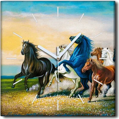 Produktbild von Coloray Uhr auf Leinwand 30x30 cm Wand Uhr Dekoration Wohnzimmer Segeltuch weiße Zeiger -Kunst Galopp Pferde