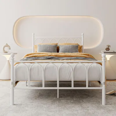 Obrázek produktu pro MODFU Kovová postel rám 140 × 200 s čelem, Manželská postel s protiskluzovým designem, bez matrace, bílá