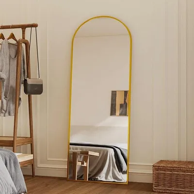 Imagen del producto de Espejo de pie dorado, espejo de cuerpo entero con marco de metal dorado. Espejo de cuerpo entero con forma de arco, 150 x 50 cm. Espejo de pared, espejo de pie, espejo para dormitorio, salón, pasillo y vestíbulo