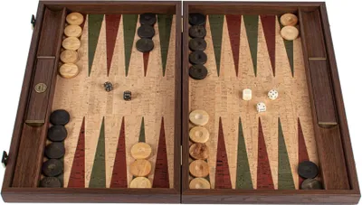 Zdjęcie produktu dla Zestaw do backgammona Manopoulos Premium – naturalny korek w kolorze ciemnobrązowym i pionki z drewna oliwnego – wykonany ręcznie (48 x 30 cm)