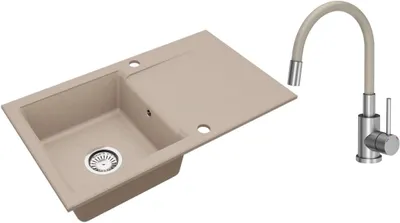 Produktbild von VBChome Granitspüle 76 x 44 cm Beige mit flexibler Armatur Einzelbecken Einbauspüle Reversibel Gesprenkelt Pflegeleichtes Spülbecken mit Siphon