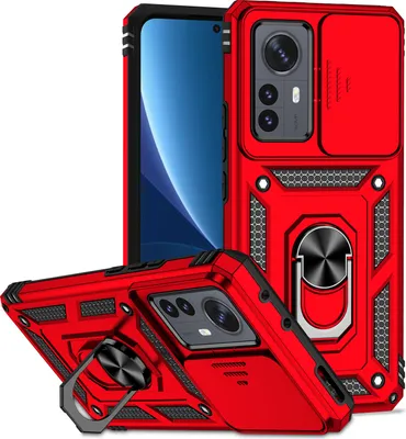 Image de Etui pour Xiaomi 12 Pro étui double couche avec cache caméra coulissant et anneau de support rouge