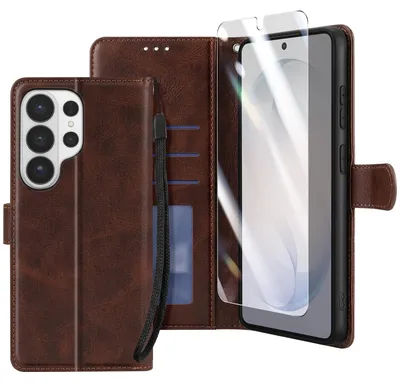 Immagine prodotto di Enkay, custodia a portafoglio per Galaxy S26 Ultra con vetro protettivo e cinturino, marrone