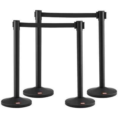 Obrázek produktu pro VEVOR systém navádění personálu Bariérová páska Bariérový stojan 4dílný, 2 m x 48 mm Černá zatahovací páska, systém navádění personálu Plnící bariérový sloupek Vhodné pro letiště, veletrhy, místa konání soutěží
