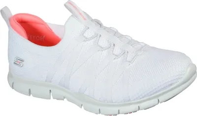 A single white Skechers sports shoe is shown from a side-angle on a white background.