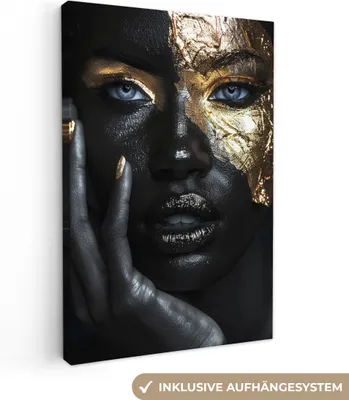 Produktbild von MuchoWow® - Leinwandbilder - Frau - Gold - Porträt - Modern - Schwarz - Abstrakt, Wandbild, Wanddeko Bilder Wohnzimmer, 60x90 cm