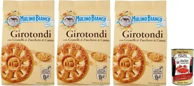 Produktbild von Mulino Bianco Girotondi Biscotti con Granelli di Zucchero di Canna, Kekse mit Zuckerzuckerkörnern, Ohne Palmöl, Frühstück voller Geschmack, buscits cookies 3x 350 g + Italian Gourmet polpa 400 g