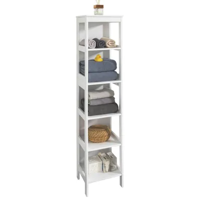 A white, multi-shelf storage unit filled with folded towels, a basket, and some boxes.