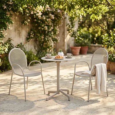 Immagine prodotto di Milani Home - Set tavolo in metallo cm Ø 60 x 74 h con 2 poltrone da giardino per esterno colore tortora - Tortora