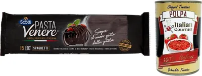 Produktbild von Riso Scotti Pasta Venere Spaghetti,Pasta aus Hartweizengrieß und Schwarzem Venere-Vollkornreismehl,Packung mit 400g + Italian Gourmet Polpa di Pomodoro 400g Dose